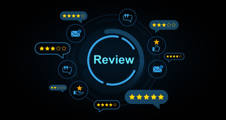 Customer feedback and rating review system concept with glowing icons, stars, and communication symbols on dark futuristic digital interface background. 3D Rendering
