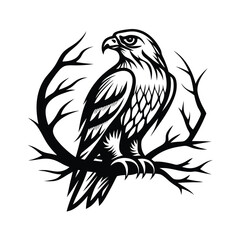 Striking Black and White of an Eagle Perched on Branch Silhouette