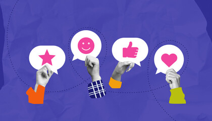 Colorful hands holding feedback icons like star, smiley, thumbs-up, and heart on textured blue...