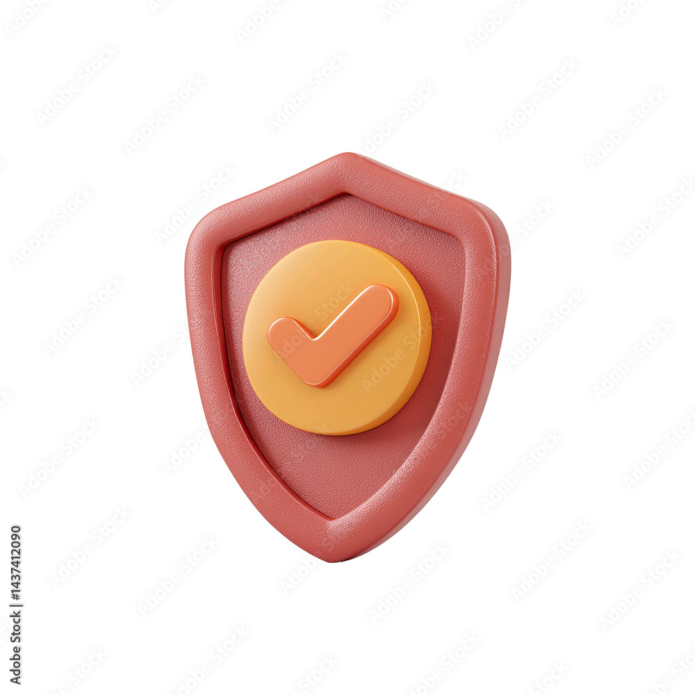 Poster 3d render of a red shield with a yellow checkmark icon representing security and protection