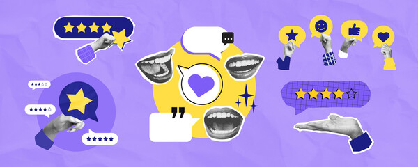 Customer feedback and star rating icons with expressive hands and speech bubbles on a purple textured background illustrating online review concept..