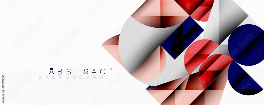 Poster geometric shapes overlap, creating dynamic abstract composition. red, blue, pink hues dominate desig