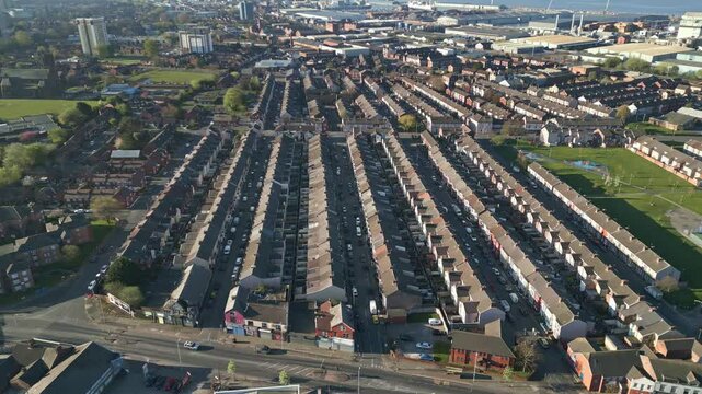 Rows of terraced houses and streets in Bootle, Liverpool, England