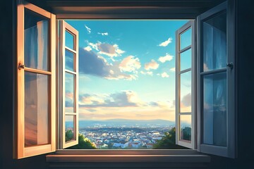 Open Window Frame Reveals City View Under a Bright Cloudy Sky at Sunset