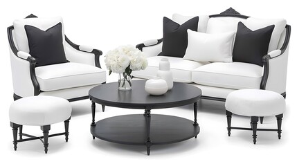 Chic monochrome living room interior with elegant furniture and floral centerpiece