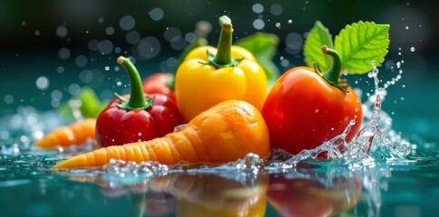 Close-up of vibrant, colorful vegetables in a splash of water, nutrition, water