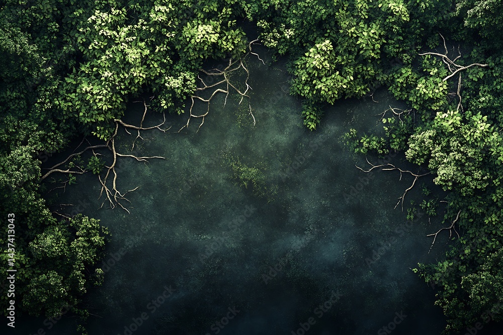 Poster overhead view of dense green forest canopy with dark background and artistic texture