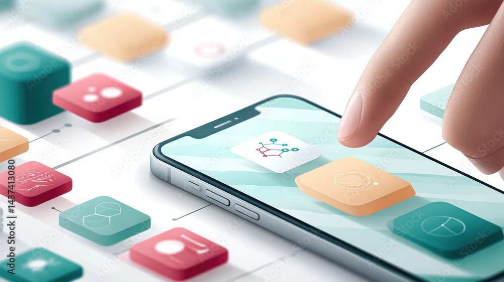 Poster Stylized Smartphone App Interface With User Interaction on Touchscreen Displaying Colorful Icons and Features During Daytime