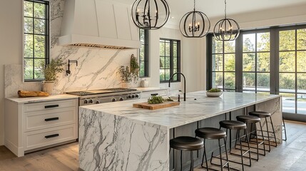 Sunlit open kitchen interior with luxurious marble countertops and matte black, modern breakfast bar with stylish high stools, monochrome color scheme. Elegant Architectural Digest style home design