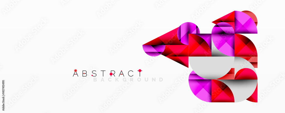 Poster geometric shapes create abstract design. red, pink, white colors dominate composition. modern style,