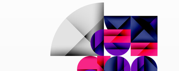 Abstract geometric shapes overlap, creating vibrant composition. Gradients add depth, modern aesthetic. Minimalist design, clean lines present.