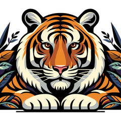 tiger sitting patiently in a bush animal portrait flat color block editable vector illustration good for cartoon and t-shirt print