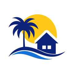 Tropical House With Palm Tree Island And Ocean Waves Logo Vector