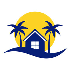 Tropical House Icon Logo Vector Design With Palm Trees And Sun