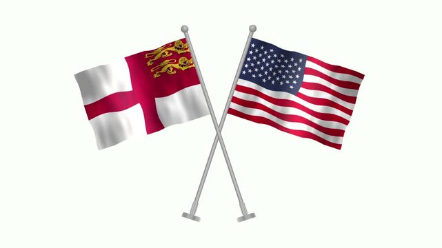 Flag of Sark and USA, Cross table flag of Sark and USA on white screen, Sark and USA 3D Animation flag waving in the wind isolated on white Background. 
