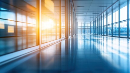 Modern glass corridor awash in reflected light