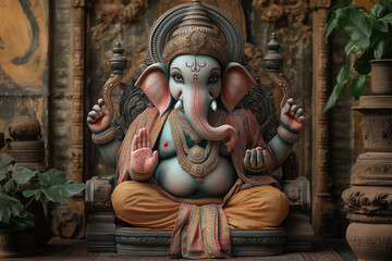 Fototapeta premium Traditional Ganesha idol adorned with ornaments during Ganesh Chaturthi celebration in a richly decorated temple setting