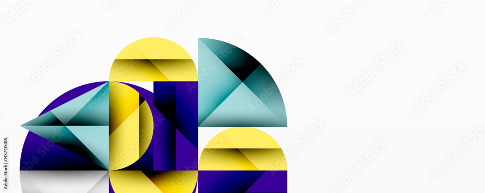 Poster Abstract geometric composition. Overlapping shapes create dynamic visual effect. Yellow, purple, teal hues dominate design. Minimalist style.