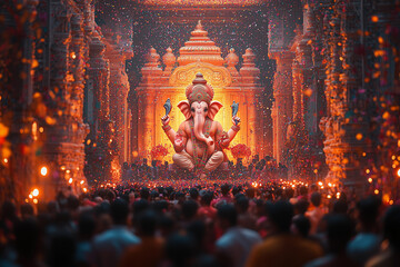 Celebrating Ganesh Chaturthi with vibrant confetti and grand decorations in a temple filled with devotees honoring Lord Ganesha