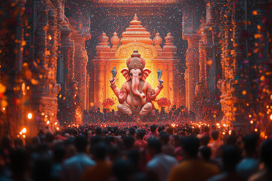 Celebrating Ganesh Chaturthi with vibrant confetti and grand decorations in a temple filled with devotees honoring Lord Ganesha