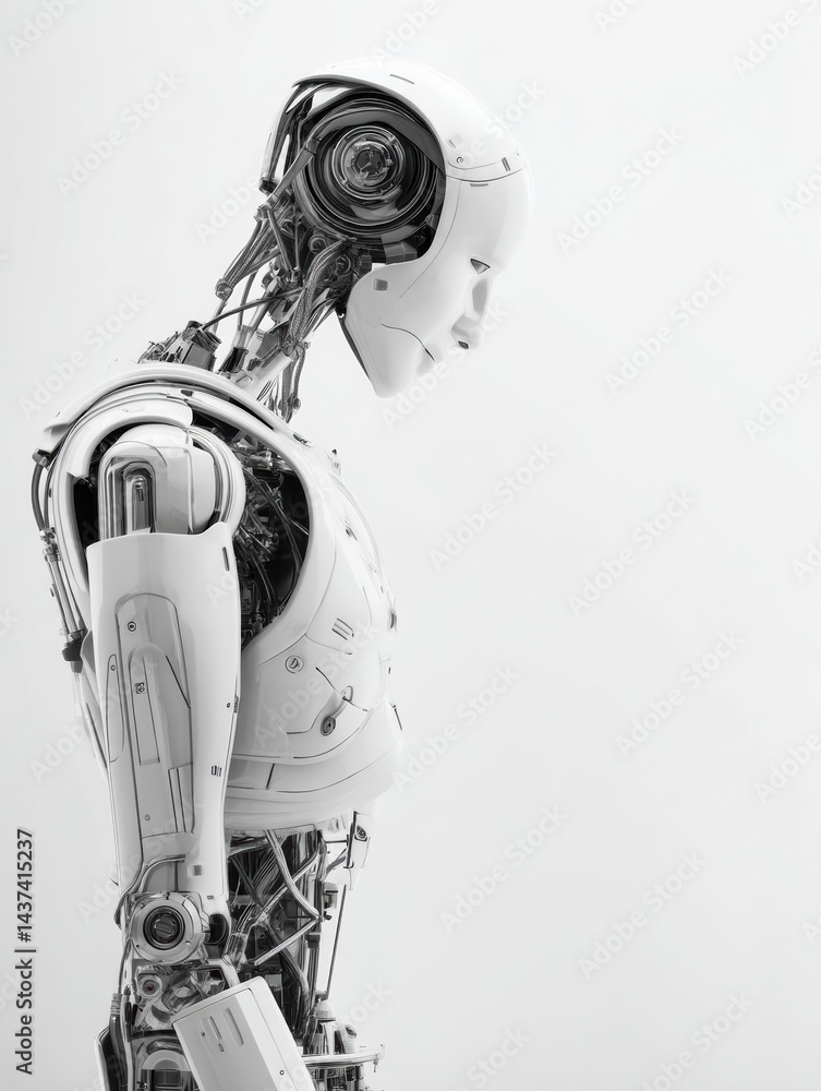 Poster robotic thinker in minimal white environment displaying contemplation and introspection