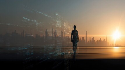 Fototapeta premium Futuristic Silhouette Against City Skyline at Horizon with Sunrise