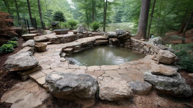 Secluded forest retreat pond featuring flagstone patio, natural stone waterfall, lush green trees, and water reflections in a tranquil setting