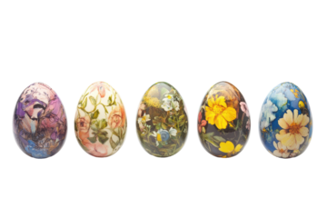 Eight decorative Easter eggs in bright spring colors with nature themes shown on white background