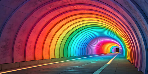 Abstract rainbow tunnel journey urban setting digital art vibrant colors wide angle creative exploration