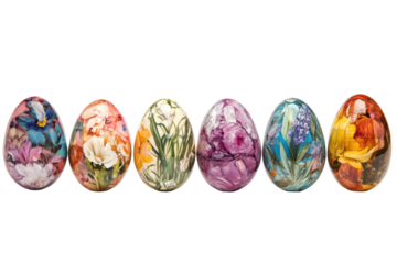 Nature inspired Easter egg collection with eight colorful designs isolated cleanly on white background