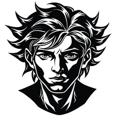 Monochrome Portrait Art of a Young Man with Wild Hair and a Serious Expression