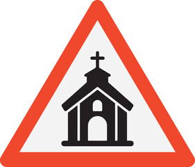 church ahead warning traffic sign with red triangle border on white background