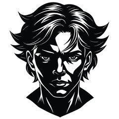 Monochrome Portrait Man with Wavy Hair, Intense Gaze Black and White Silhouette Art