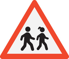 pedestrian crossing warning traffic sign with red triangle border on white background