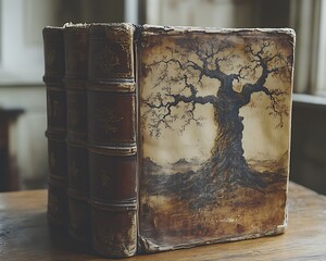 Antique book with aged leather cover, featuring a hand-painted tree