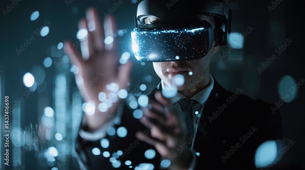 Aufkleber businessman using vr headset to interact with glowing data streams