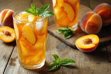 A chilled peach iced tea with a splash of lemon juice and a few slices of fresh peach