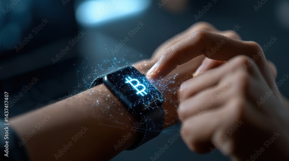 Poster user interacting with virtual banking service on smartwatch display