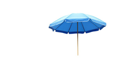 Summer beach umbrella in blue color standing in sand displayed clearly on white background