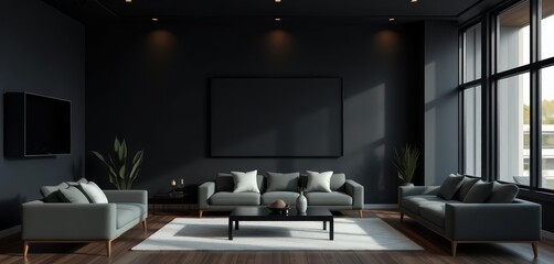 Sleek dark living room, minimalist decor, empty black wall frame, ambient lighting, monochrome, style