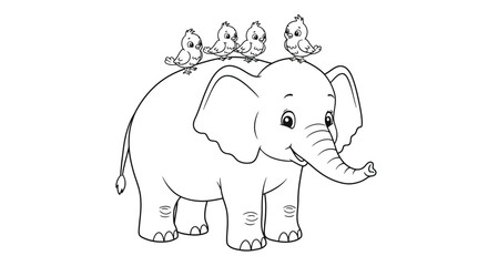 Fototapeta premium Elephant with Cute Bird Outline Childrens Coloring Page