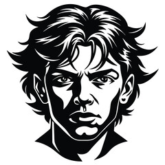 Intense Gaze Monochrome Portrait of Young Adult Male with Wild Hair and Strong Features
