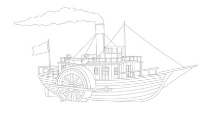 Fototapeta premium Outline of Early Steamship with Smokestack Kids Coloring Book