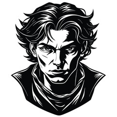 Monochrome Young Man Portrait, Intense Gaze, Detailed Hair, Black and White Lines, Stylish