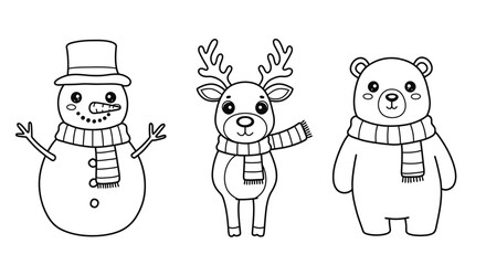 Outline Happy Snowman Reindeer Polar Bear Winter Christmas Coloring