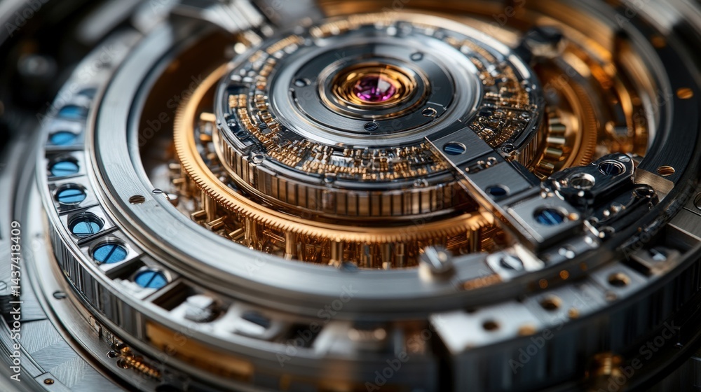 Poster intricate close-up of a futuristic mechanical device showcasing detailed gears and circuits