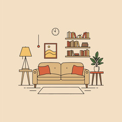 Cozy living room design modern sofa bookshelf and lamp perfect home ambiance