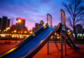 Sleek, metallic playground slide at twilight, city lights blurred in background, park,  illuminated