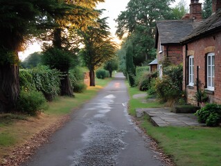 Picturesque village street with houses and trees in the serene sunlight