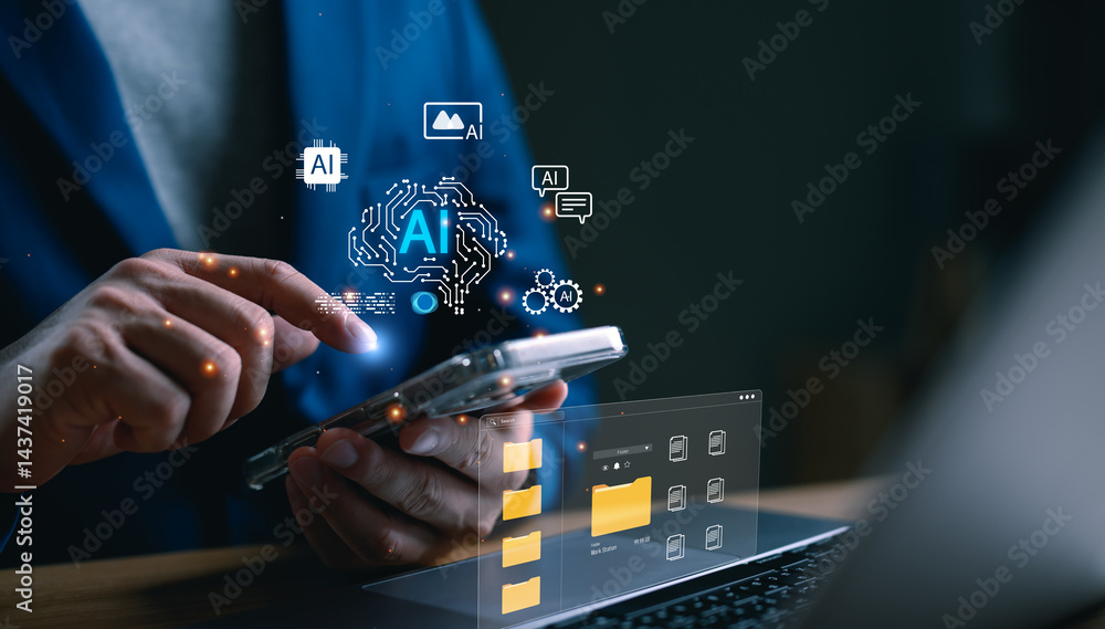 Aufkleber businessman using smartphone with ai technology icons and digital file management interface. concept